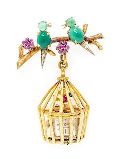 * A Retro Yellow Gold and Multi Gem Birdcage Lapel Watch, Circa 1955, 15.40 dwts.