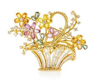 An 18 Karat Yellow Gold, Multi-Colored Sapphire and Diamond Flower Basket Brooch, 16.10 dwts.