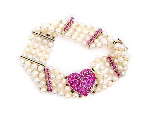 A 14 Karat Yellow Gold, Cultured Pearl and Ruby Bracelet, Tiffany & Co., 15.20 dwts.