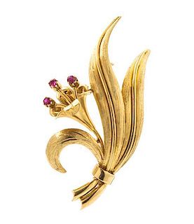 An 18 Karat Yellow Gold and Ruby Floral Brooch, Tiffany & Co., 4.20 dwts.