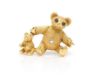 An 18 Karat Yellow Gold, Sapphire and Diamond Teddy Bear and Bear Charm Brooch, Tiffany & Co., Circa 1989, 5.20 dwts.