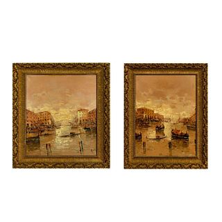 Pair of Vintage Venetian Oil Paintings on Canvas