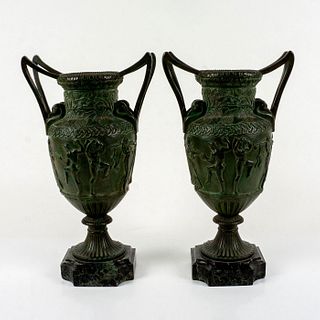 Spectacular Pair of 20th c. Patinated Bronze Vases, Green Marble Base