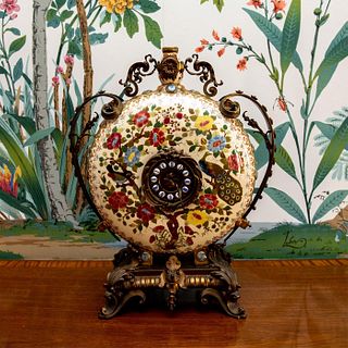 Vintage European Porcelain Enameled Clock with Figural Gilded Brass Handles