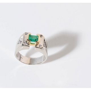 Size 9 Emerald and Diamond Men's Ring 14K White & Yellow Gold