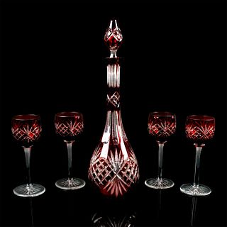 5pc Ruby Colored Cut Crystal Wine Glasses With Decanter