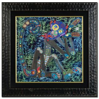 "Water Monkey" Original Mixed Media Painting by Renowned Artist Lu Hong, Hand Signed by the Artist with Certificate of Authenticity. Custom Framed and