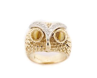Ladies 14k Gold, Tiger's Eye, & Diamond Owl Ring