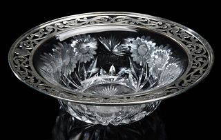 American Brilliant Period Cut Glass Bowl with Sterling Rim