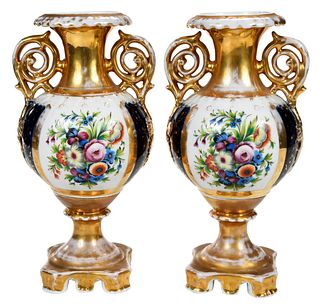 Pair of French Gilt and Enamel Porcelain Vases