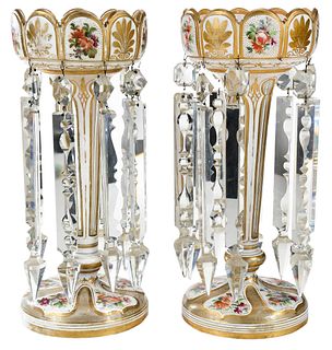 Pair of Bohemian White Glass Gilt Decorated Lusters
