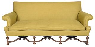 William and Mary Style Walnut Pale Green Upholstered Sofa