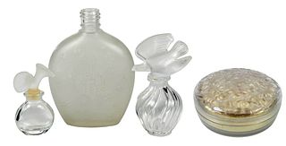 Rene Lalique "Le Lys D'Orsay" Powder Box and Three Glass Perfume Bottles