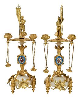 Pair of French Gilt Bronze and Marble Three Light Candelabra 