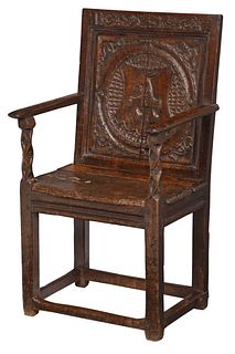 Rare Early British Carved Oak Open Armchair