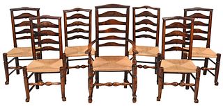 Set of Seven Lancashire Ladder Back Rush Seat Dining Chairs