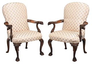 Pair George II Style Carved Walnut Open Armchairs