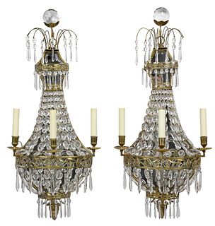 Fine Pair Neoclassical Brass and Cut Glass Wall Lights