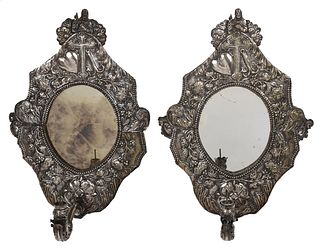 Pair of Oval Silver Plate Mirror/Wall Sconces