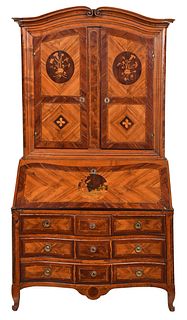Italian Provincial Louis XV Marquetry Inlaid Desk and Bookcase