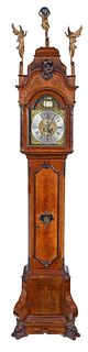 Dutch Rococo Carved Inlaid Mahogany and Burlwood Musical Tall Case Clock