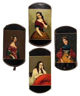 Four Black Lacquered Cigar Cases with Portraits of Ladies