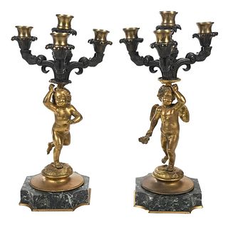 Pair of Gilt Bronze and Marble Four Light Candelabra 