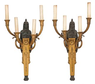 Pair of Egyptian Revival Empire Style Gilt Bronze Sconces
