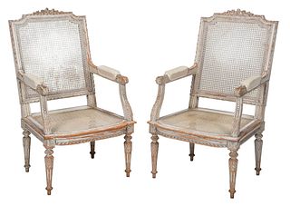 Pair of Louis XVI Style Paint Decorated Caned Open Armchairs