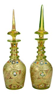 Near Pair of Bohemian Yellow Glass Decanters