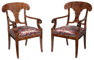 Pair of Biedermeier Birch Open Armchairs