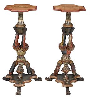 Pair of Venetian Carved and Paint Decorated Jester Form Stands