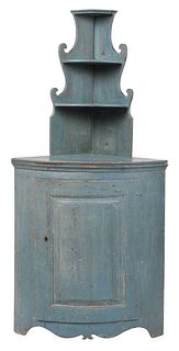 Early Blue Painted Pine Bowfront Corner Cabinet