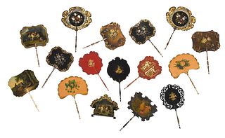 Group of 15 Papier Mache Fans and One Tray