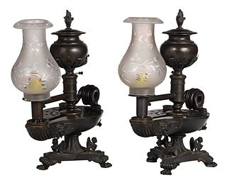 Pair of Classical Bronze Argand Lamps with Frosted Shades