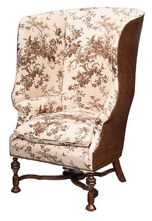Baroque Style Toile and Leather Upholstered Wing Chair