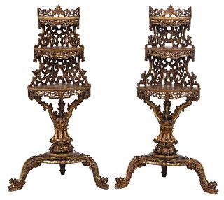 Fine Pair of Chinese Carved Lacquered, Gilt and Polychrome Three Tier Corner Stands