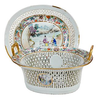 Chinese Export Armorial Pierced Basket and Stand, Seton