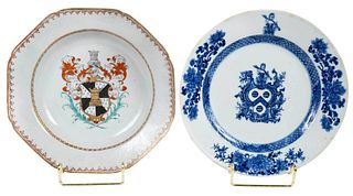 Chinese Export Porcelain Armorial Soup and Plate, Hopper and Sykes