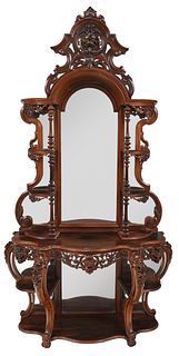 American Rococo Revival Carved Laminated Rosewood Mirror Back Etagere