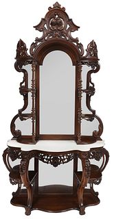 American Rococo Revival Carved Laminated Rosewood Marble Top Etagere