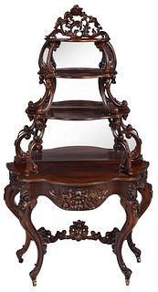 American Rococo Revival Carved Rosewood Mirror Back Etagere