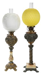 Two Gilt Metal Reticulated Banquet Lamps with Shades