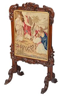 American Rococo Revival Carved Rosewood Needlepoint Fire Screen