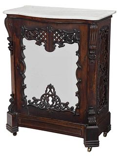 American Rococo Revival Marble Top Mirror Door Music Cabinet