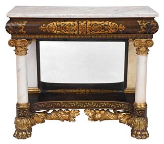 Fine American Classical Stencil Decorated Parcel Gilt Marble Top Console Table