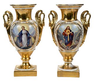 A Pair of Old Paris Porcelain Gilt and Polychrome Vases