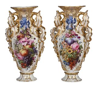 Pair of Large Old Paris Porcelain and Gilt Vases