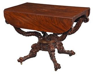 Fine American Classical Carved Mahogany Brass Inlaid Drop Leaf Table