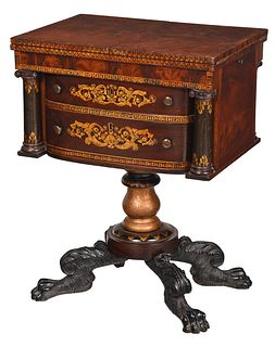 American Classical Stencil Decorated Figured Mahogany Pedestal Work Table